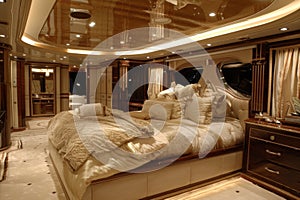 Luxurious yacht bedroom featuring elegant decor, rich wood finishes, and plush bedding