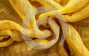 Luxurious yellow fabric captured in soft folds, demonstrating the fabric's elegant drapery and rich texture. Burlap