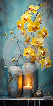 Luxurious Yellow Orchids In Industrial-inspired Vases - Nostalgic Paintings