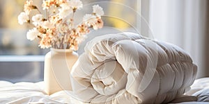 Luxuriously soft white down duvet rolled up on a bed in a bright serene bedroom with tasteful decor and morning light streaming in