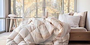 Luxuriously soft white down duvet rolled up on a bed in a bright serene bedroom with tasteful decor and morning light streaming in