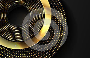 Luxury 3d realistic background with shiny gold circle shape. Vector illustration of black circle shapes textured with sparkling