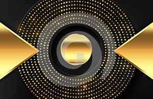 Luxury 3d realistic background with shiny gold geometric shape. Vector illustration of black circle shapes textured with sparkling