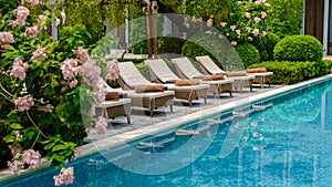 Luxury 5 star hotel pool in Asia with chairs