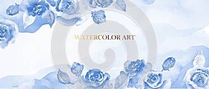 Luxury abstract art botanical composition. Minimal design in blue and whide. Watercolor flowers, roses, leaves.
