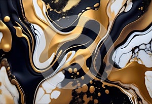 Luxury abstract background, liquid art. Black gold paint mix, alcohol ink
