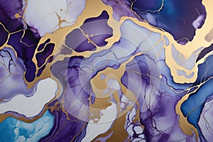 Luxury abstract fluid art painting in alcohol ink technique, mable blue purple gold