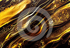 Luxury abstract fluid art painting in alcohol ink technique, mixture of black and gold paints. Imitation of marble stone cut.