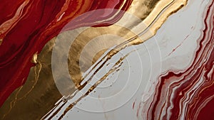 Luxury abstract fluid art painting in alcohol ink technique, mixture of red and gold paints. Imitation of marble stone cut.