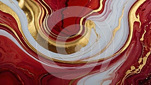 Luxury abstract fluid art painting in alcohol ink technique, mixture of red and gold paints. Imitation of marble stone cut.