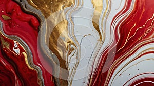 Luxury abstract fluid art painting in alcohol ink technique, mixture of red and gold paints. Imitation of marble stone cut.