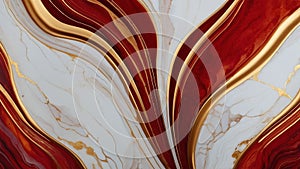 Luxury abstract fluid art painting in alcohol ink technique, mixture of red and gold paints. Imitation of marble stone cut.