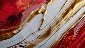 Luxury abstract fluid art painting in alcohol ink technique, mixture of red and gold paints. Imitation of marble stone cut.