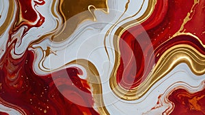 Luxury abstract fluid art painting in alcohol ink technique, mixture of red and gold paints. Imitation of marble stone cut.