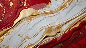 Luxury abstract fluid art painting in alcohol ink technique, mixture of red and gold paints. Imitation of marble stone cut.