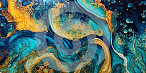 Luxury abstract fluid art painting in alcohol ink technique,mixture of teal blue turquoise yellow green gold paints.