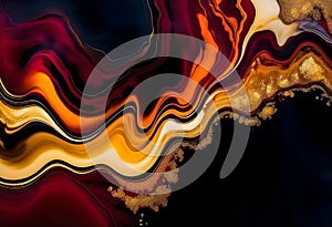 Luxury abstract fluid art painting background alcohol ink technique black and gold maroon and golden