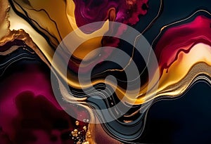 Luxury abstract fluid art painting background alcohol ink technique black and gold maroon and golden