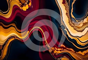 Luxury abstract fluid art painting background alcohol ink technique black and gold maroon and golden