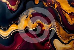 Luxury abstract fluid art painting background alcohol ink technique black and gold maroon and golden