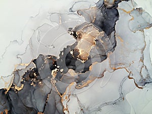 Luxury abstract fluid art painting background alcohol ink technique black shades of gray and gold. Rough edges of paint flow out photo
