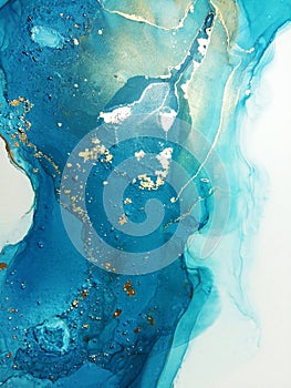 Luxury abstract fluid art painting background alcohol ink technique mint blue and gold. Marble texture