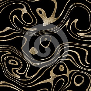 Luxury abstract gold liquid marbling background. Elegant line art on black square backdrop. Hand drawn golden wavy line and swirl