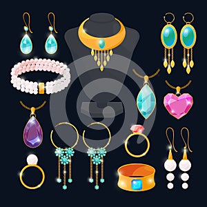 Luxury accessories for jewelry. Rings of gold, diamonds, ruby. Vector pictures set isolate