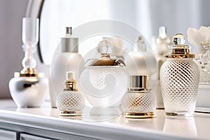 Luxury advertising photo with perfume bottles on dressing table in front of a mirrow, close up. Generative AI