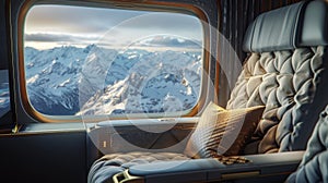 Luxury airplane cabin with a view of snow-capp photo