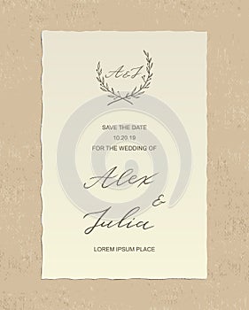 Luxury Alex and Julia wedding invitation card with hand drawn calligraphy text and floral label, on textured background