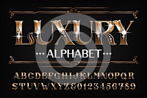 Luxury alphabet font. Ornate golden letters and numbers with diamond gemstones.