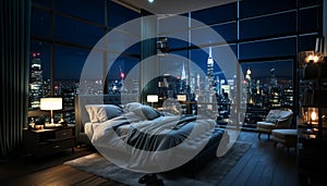 Luxury apartment with city skyline view at night generated by AI