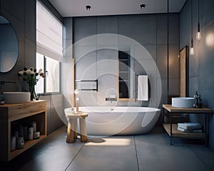 Luxury apartment indoor hotel bathtub. Interior of modern bathroom. generative ai