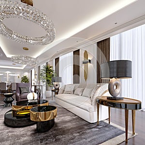 Luxury apartments in the hotel with a living room and dining room, sofa, bed, TV stand, dining table, classic interior with white