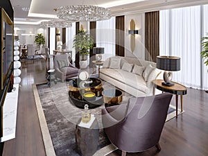 Luxury apartments in the hotel with a living room and dining room, sofa, bed, TV stand, dining table, classic interior with white