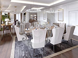 Luxury apartments in the hotel with a living room and dining room, sofa, bed, TV stand, dining table, classic interior with white