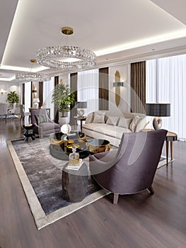 Luxury apartments in the hotel with a living room and dining room, sofa, bed, TV stand, dining table, classic interior with white