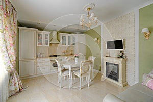 Luxury art deco classic cream green kitchen interior