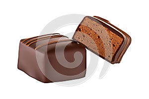 Luxury artisan souffle candy in chocolate with chocolate fillings. Chocolate candy bird`s milk isolated on white