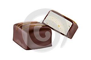 Luxury artisan souffle candy in chocolate with vanilla fillings. Chocolate candy bird`s milk isolated on white
