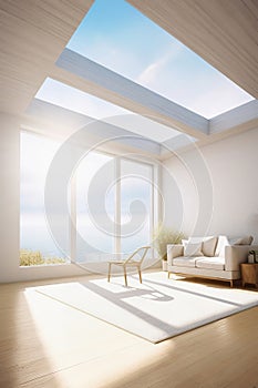 Luxury attic bedroom with panoramic windows. Minimalist design, ocean view