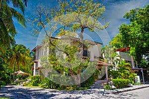 Luxury authentic historical villa in shadow of trees in Playa del Carmen, Yukatan, Mexico