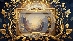 Luxury background with golden frame, leaves and mountains. Generated AI