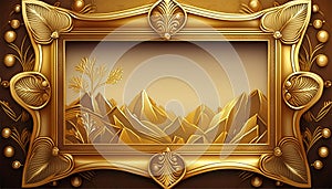 Luxury background with golden frame, leaves and mountains. Generated AI