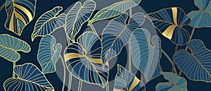 Luxury background with palm leaves and golden texture. Line art botanical vector illustration. Natural design.