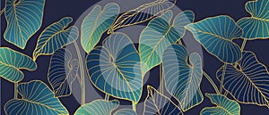 Luxury background with palm leaves and golden texture. Line art botanical vector illustration. Natural design.