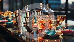 Luxury bar counter with wine bottle, glass, and cocktail generated by AI