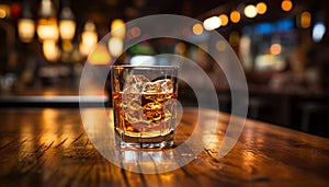 Luxury bar, dark night, whiskey glass, ice, elegant celebration generated by AI