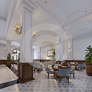 Luxury bar hotel interior with wooden furniture and mosaic tiled floor